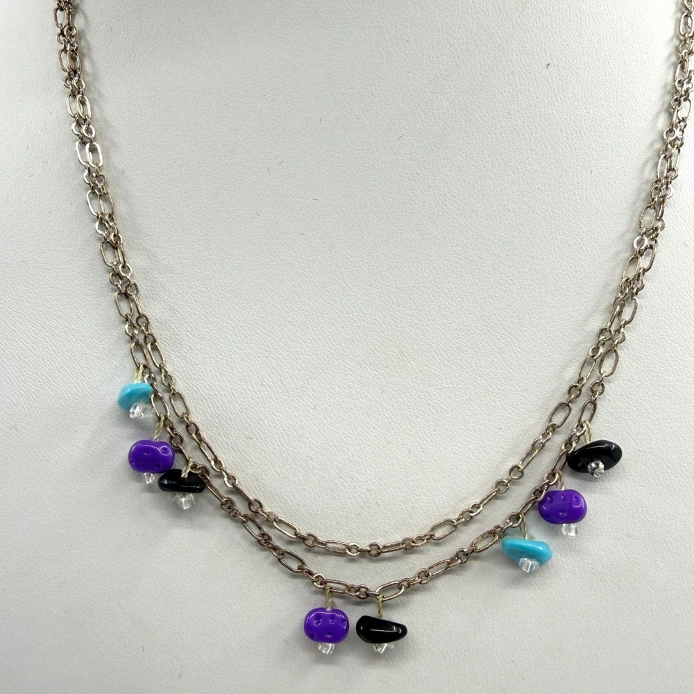 Boho Layered Chain Necklace Purple Black Teal Pebbled Beads Aesthetic Statement
